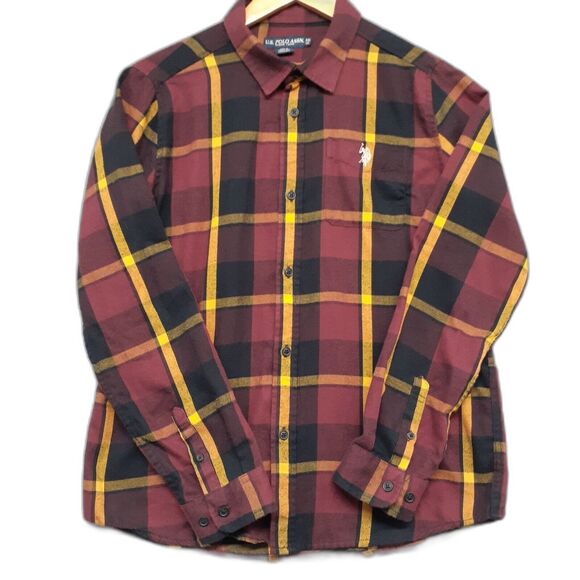 US Polo Assn Boy Junior XXL Flannel Burgundy Plaid Long Sleeve Button Down Shirt - Picture 1 of 8